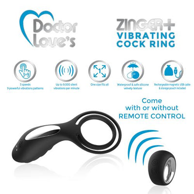 Hella Raw Doctor Love Zinger+ Vibrating Rechargeable Cock Ring W/ Remote Black