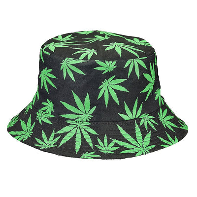 Hella Raw Black Bucket Hat W/ Green Leaves